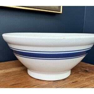 Vtg Weller Pottery Mixing Bowl Unmarked Ribbed Tripled Blue Banded Stoneware